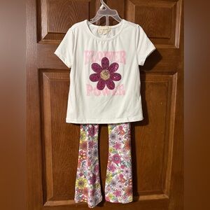 btween White Top and Floral Pajama Pants Set with Pink & Purple Flower